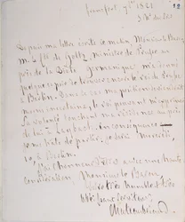 Brief mit Unterschrift des Autors, geschrieben in Frankfurt auf dem Weg zu Chateaubriands neuem Posten als bevollmächtigter Minister in Berlin, 7. Januar 1821